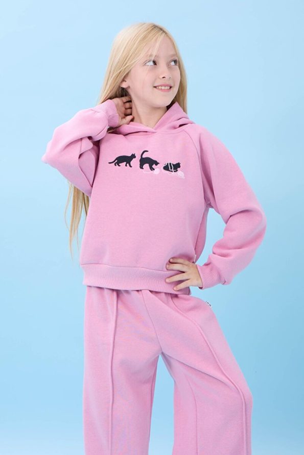 Perendi Girls' Hooded Winter Set with Cat Embroidery in Light Pink