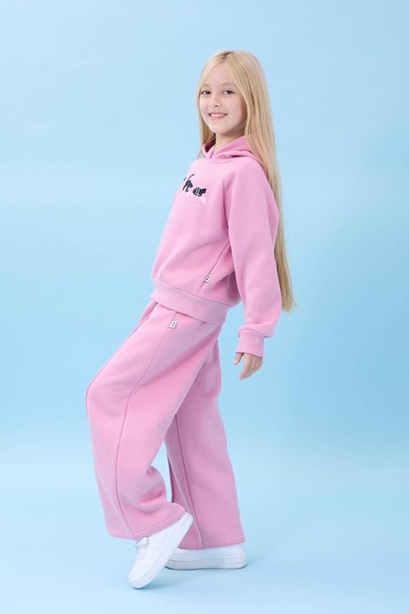 Perendi Girls' Hooded Winter Set with Cat Embroidery in Light Pink