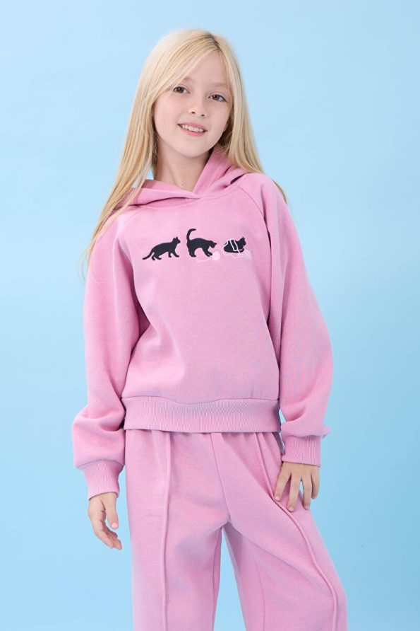 Perendi Girls' Hooded Winter Set with Cat Embroidery in Light Pink