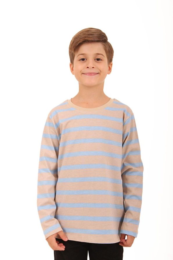 Perendi Set of 2 Long Sleeve Striped and Solid Unisex Kids T-Shirts Light Blue-Beige