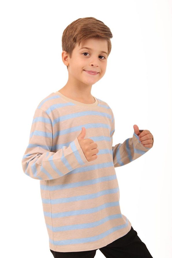 Perendi Set of 2 Long Sleeve Striped and Solid Unisex Kids T-Shirts Light Blue-Beige