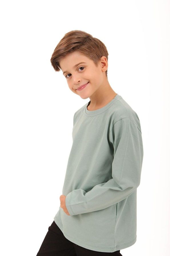 Perendi Set of 2 Long Sleeve Striped and Solid Unisex Kids T-Shirts Light Blue-Beige