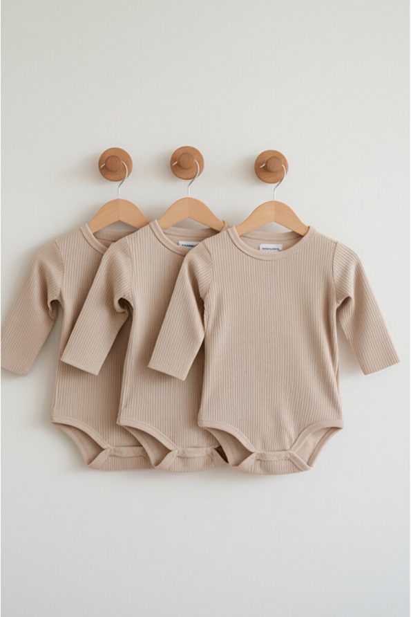 Lindakids 100% Cotton Long Sleeve Snap Closure Baby Bodysuit Set in Beige