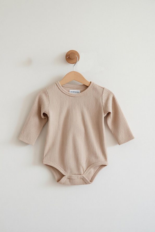 Lindakids 100% Cotton Long Sleeve Snap Closure Baby Bodysuit Set in Beige