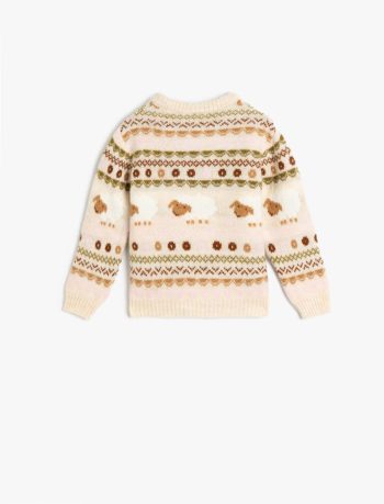 Girls' Baby Knit Sweater with Lamb Pattern and Crew Neck