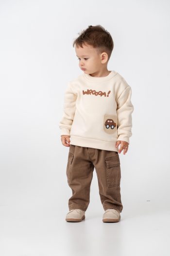 Boys' Cotton Cream Car Printed Sweatshirt and Brown Cargo Pants Set