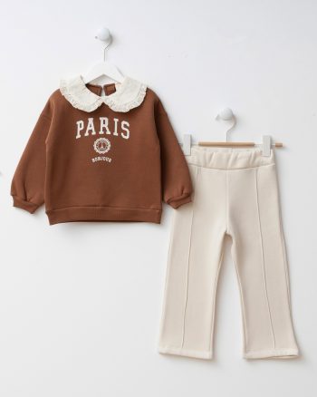 Girls' Cotton Brown Paris Print Lace Collar Sweatshirt and Ecru Pants Set