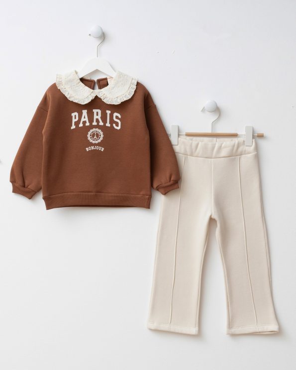 Girls' Cotton Brown Paris Print Lace Collar Sweatshirt and Ecru Pants Set