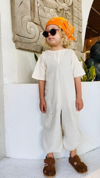 V-Neck Elastic Cuffed Linen Dungarees 2-7 Years Natural