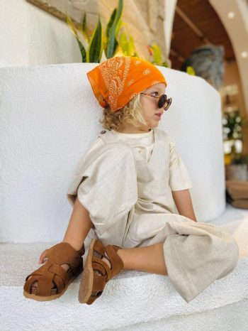 V-Neck Elastic Cuffed Linen Dungarees 2-7 Years Natural