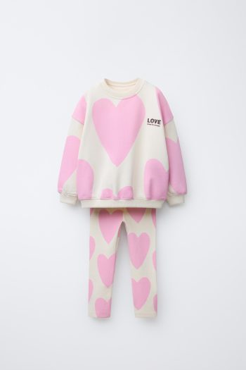 Girls' Cotton Ecru Pink Heart Print Sweatshirt and Leggings Set - Love