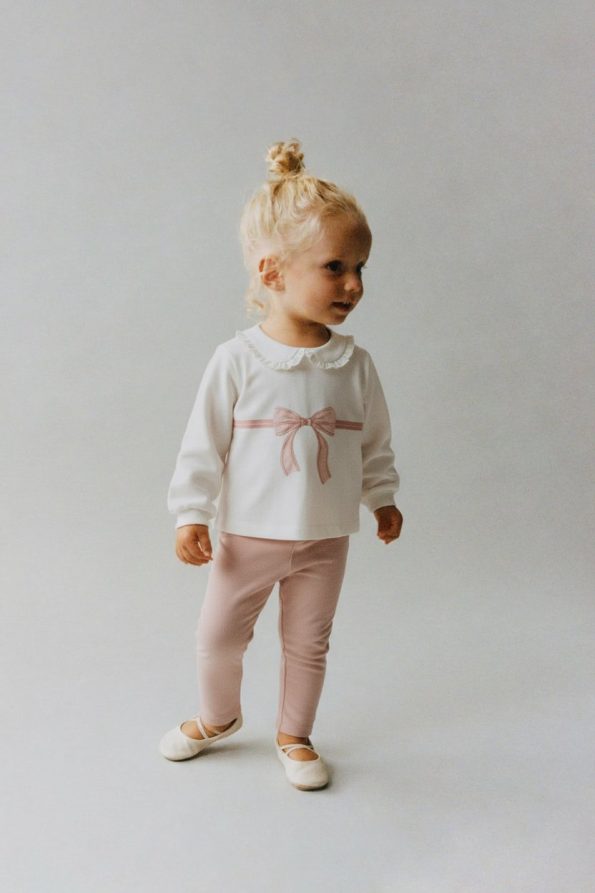 Girls' Cotton Pink Bow Long Sleeve T-Shirt and Leggings Set - Lace Collar Detail