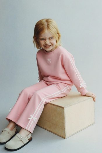 Girls' Cotton Pink Bow Detail Sweatshirt and Striped Pants Set