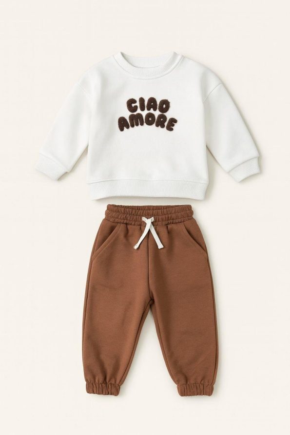 Baby Cotton White Ciao Amore Sweatshirt and Brown Tracksuit Set