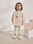 Girls' Cotton Beige Striped Rabbit Print Sweatshirt and Leggings Set