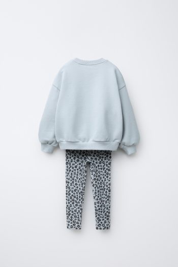 Girls' Cotton Ice Blue Sweatshirt and Leopard Print Leggings Set - Heart Print