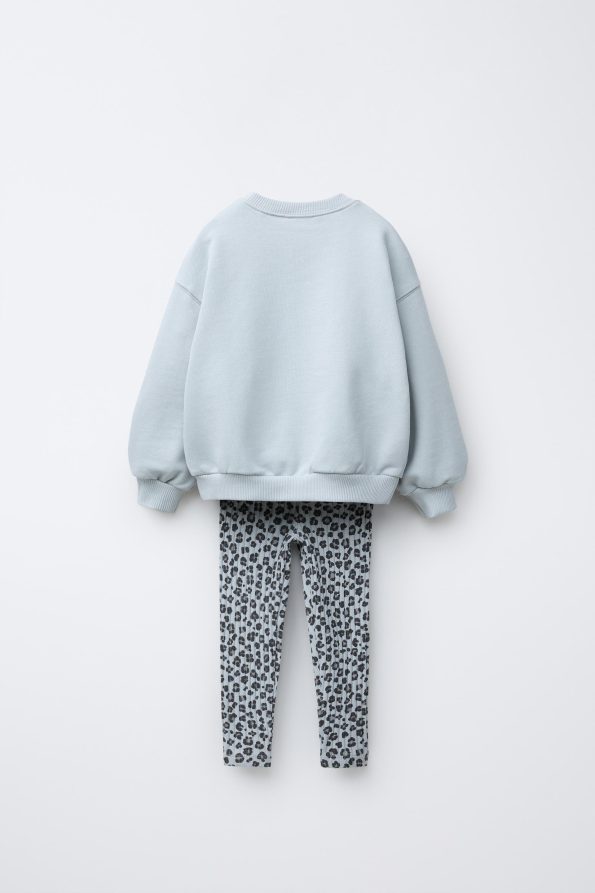 Girls' Cotton Ice Blue Sweatshirt and Leopard Print Leggings Set - Heart Print