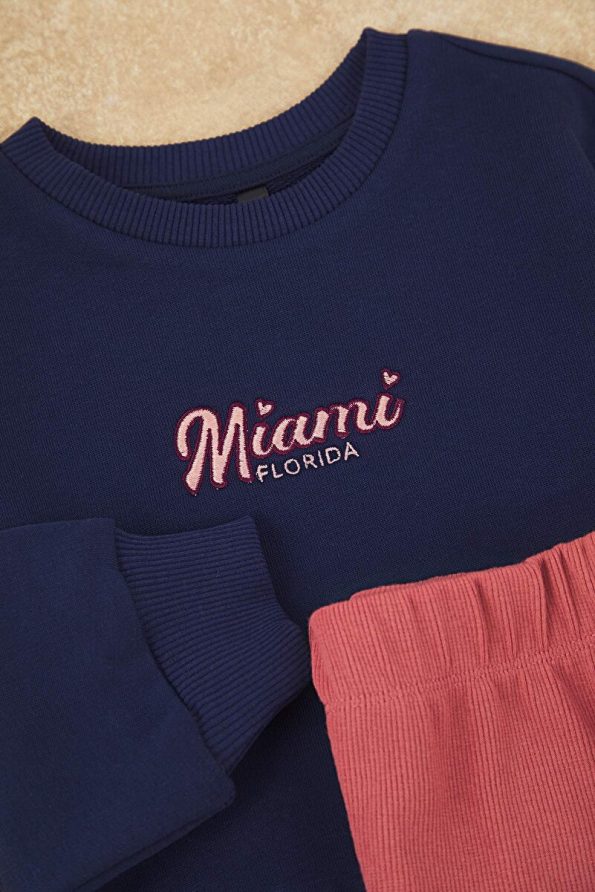 Trendyolmilla Kids Navy Blue Cotton Printed Oversized Knit Set for Girls