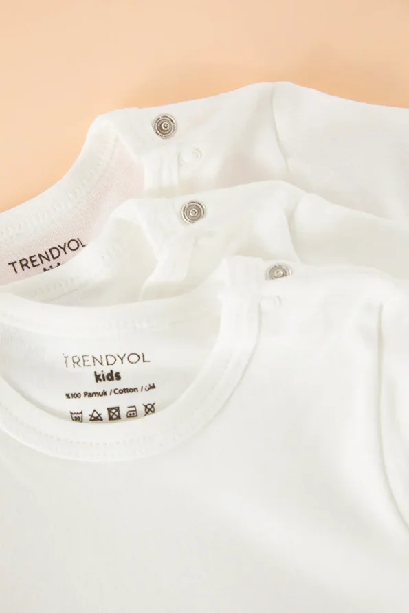 Trendyolmilla Kids White 3-Pack Unisex Baby 100% Cotton Basic Snap Bodysuit