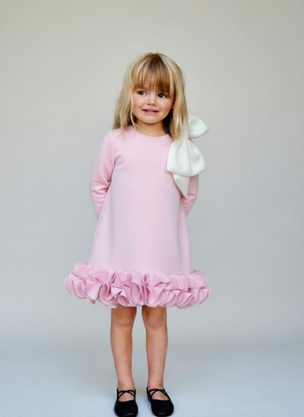Girls' Cotton Pink Bow Long Sleeve Ruffled Dress - Elegant Design
