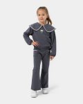 Girls' Cotton Gray Floral Embroidered Wide Neck Sweatshirt and Ruffled Pants Set