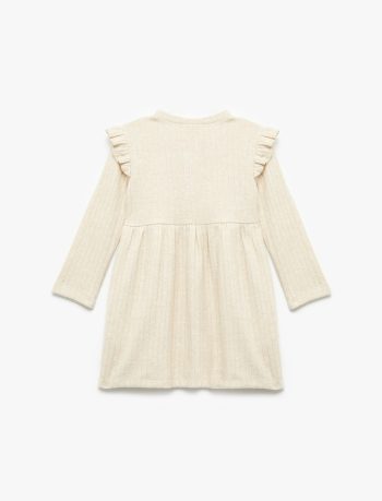 Girls' Baby Ruffled Detail Button-Up Long Sleeve Crew Neck Dress