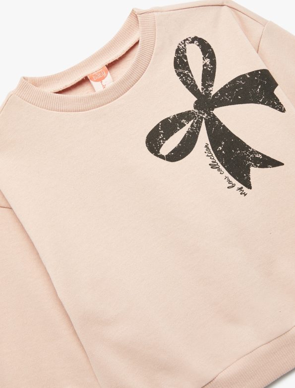 Girls' Long Sleeve Crew Neck Ribbon Print Fleece Cotton Sweatshirt