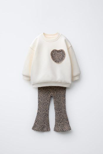 Girls' Cotton Ecru Heart Appliqué Sweatshirt and Leopard Print Flare Leggings Set