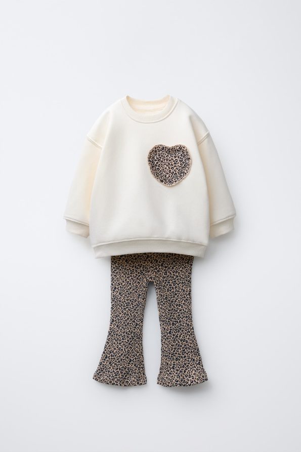 Girls' Cotton Ecru Heart Appliqué Sweatshirt and Leopard Print Flare Leggings Set