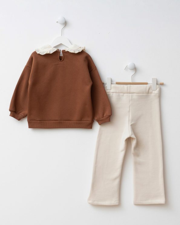 Girls' Cotton Brown Paris Print Lace Collar Sweatshirt and Ecru Pants Set