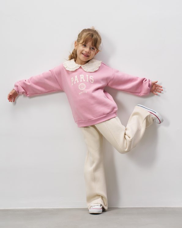Girls' Cotton Pink Paris Print Sweatshirt and Ecru Pants Set