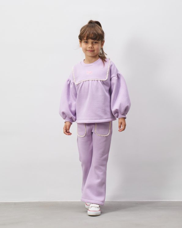 Girls' Cotton Lilac Sweatshirt and Pants Set with Pearl Details - Balloon Sleeves