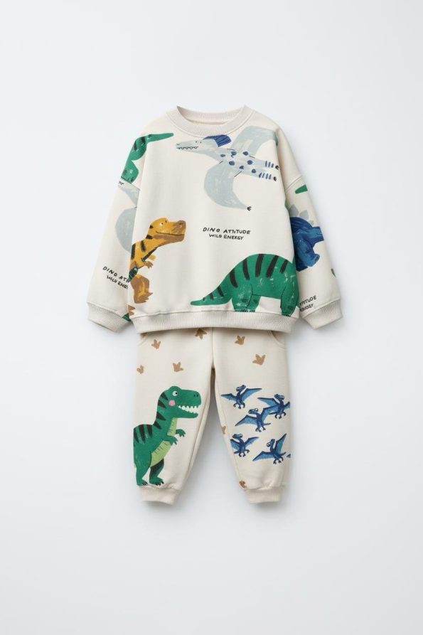 Boys' Cotton Cream Dinosaur Print Sweatshirt and Tracksuit Set