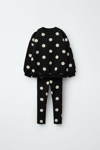 Girls' Cotton Black Polka Dot Sweatshirt and Leggings Set