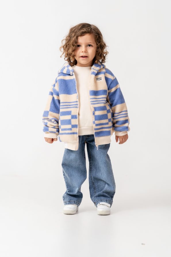 Boys' Cotton Blend Beige and Blue Plaid Hooded Zip-Up Fleece Jacket