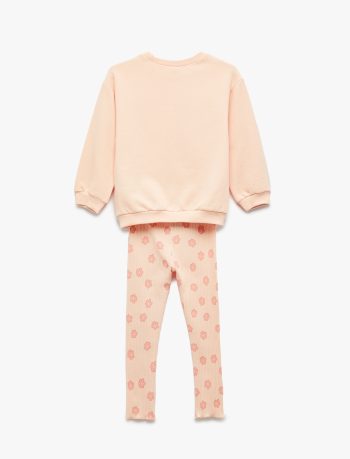Cotton Long Sleeve Crew Neck Sweatshirt and Floral Leggings Set for Baby Girls
