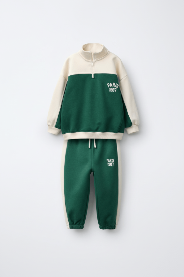 Boys' Cotton Green Zippered Sweatshirt and Side Stripe Tracksuit Set