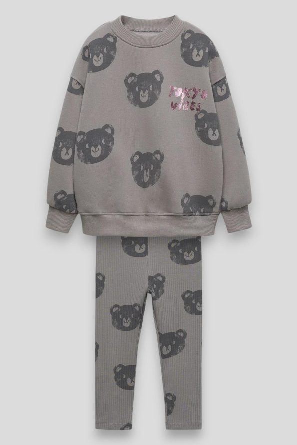 Girls' Cotton Gray Bear Print Sweatshirt and Leggings Set - Tokyo Detail
