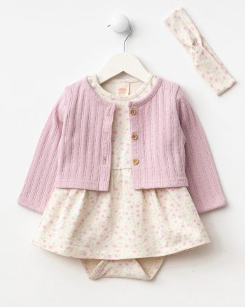 Girls' Cotton Blush Cardigan Floral 3-Piece Dress Set