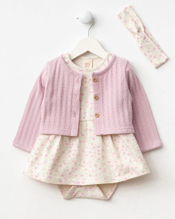 Girls' Cotton Blush Cardigan Floral 3-Piece Dress Set