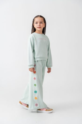 Girls' Cotton Mint Green Floral Embroidered Sweatshirt and Jogger Set