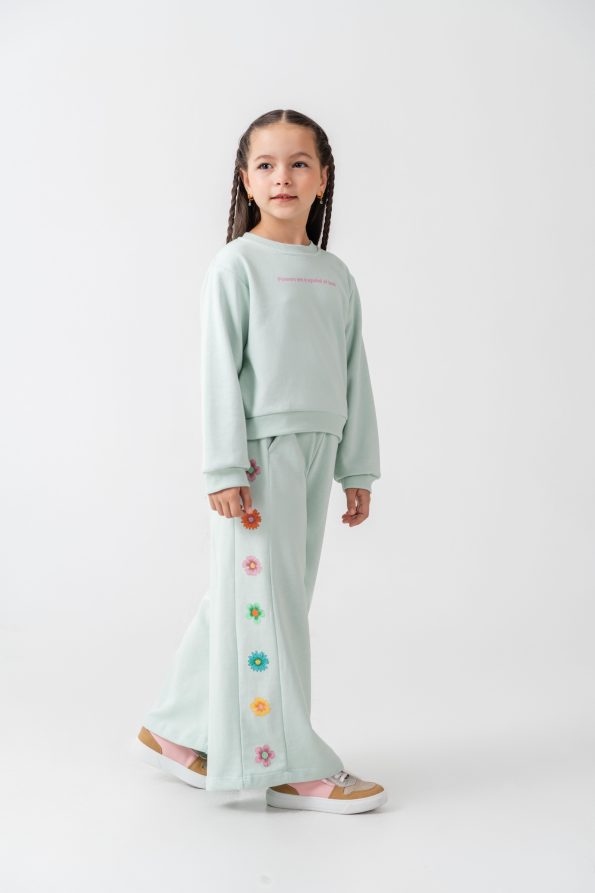 Girls' Cotton Mint Green Floral Embroidered Sweatshirt and Jogger Set