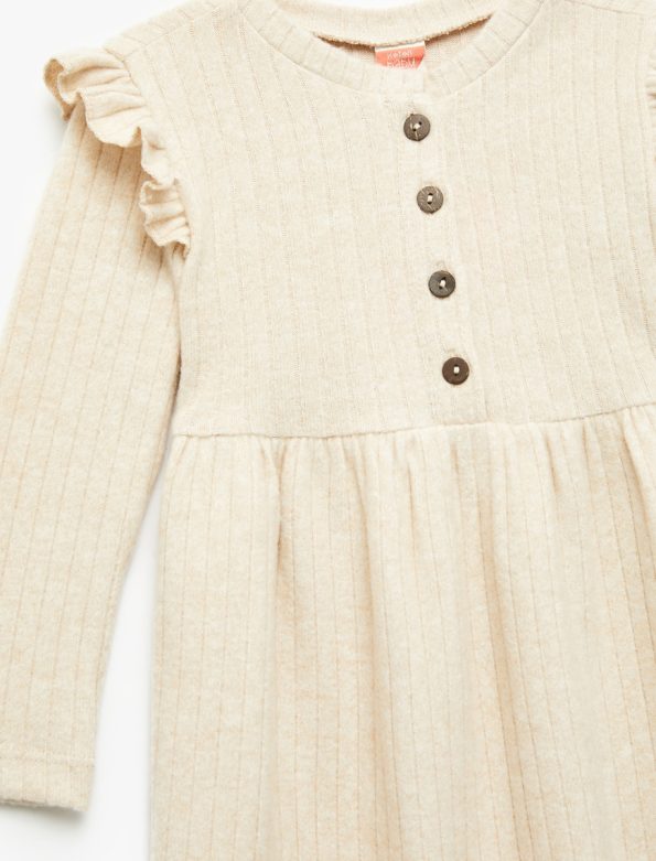Girls' Baby Ruffled Detail Button-Up Long Sleeve Crew Neck Dress