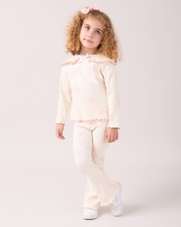 Girls' Cotton Cream Pink Bow Ribbed Set - Long Sleeve Top and Flared Pants
