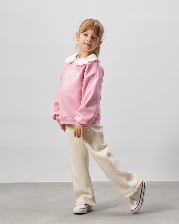 Girls' Cotton Pink Paris Print Sweatshirt and Ecru Pants Set