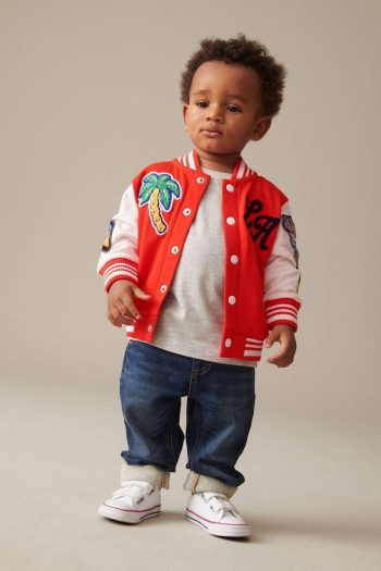 Boys' Cotton Red Embroidered Varsity Jacket