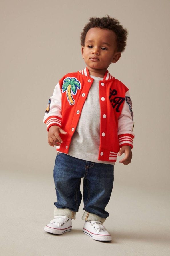 Boys' Cotton Red Embroidered Varsity Jacket