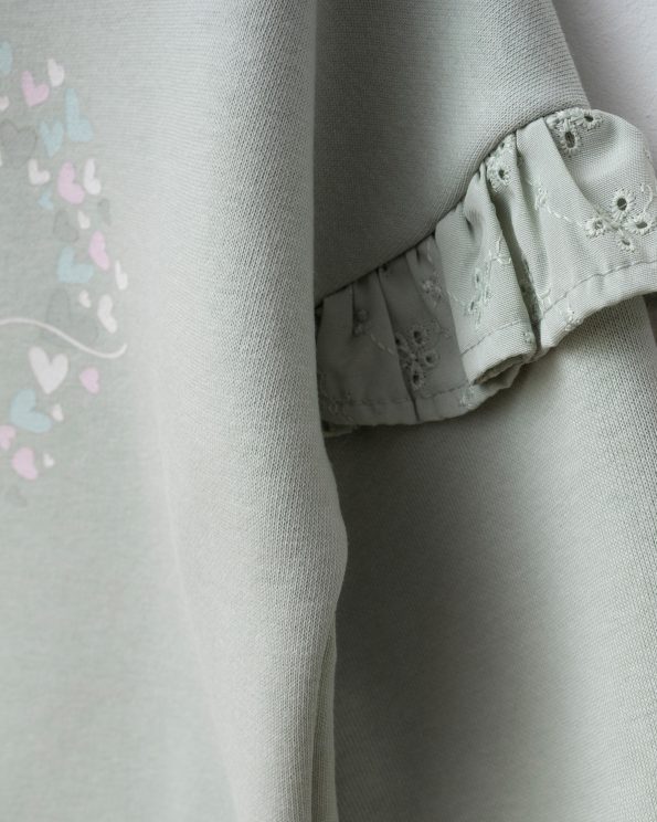 Girls' Cotton Mint Green Love Print Ruffle Detail Tracksuit - Wide Leg