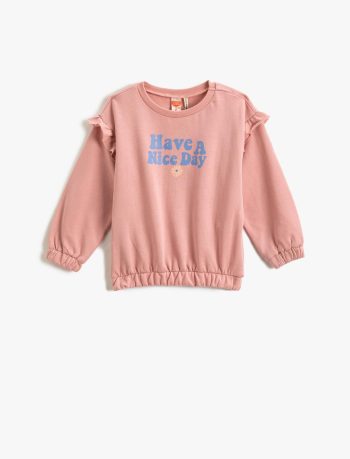 Girls' Ruffled Detail Printed Long Sleeve Sweatshirt with Elastic Cuffs and Waist