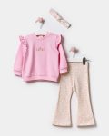 Girls' Cotton Pink Embroidered Sweatshirt Floral Pants and Headband Set